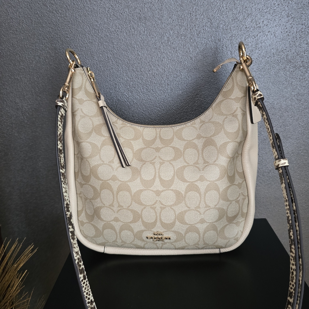 Coach Jules Hobo Pebble & Snake-Embossed Leather Bag Light Khaki/Ivory C91 - Picture 9 of 14